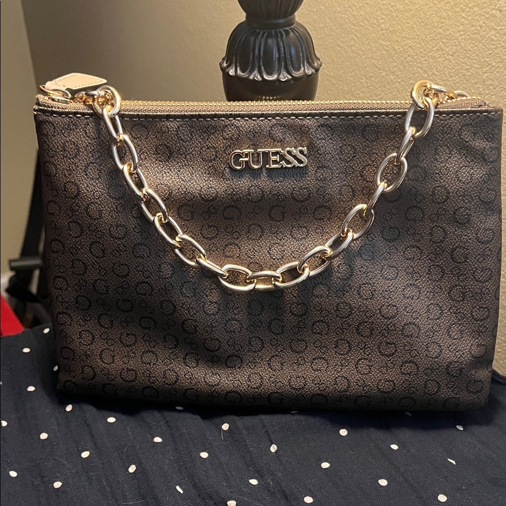 GUESS Cognac Kalei Brown Logo Chain-Handle Crossbody Clutch